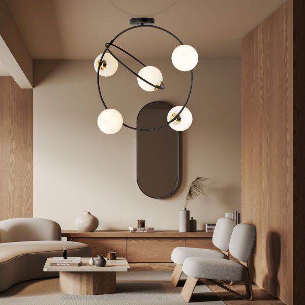 Deckenlampe Glas Metall Schwarz Weiß E14 5-rund 2 Ringe