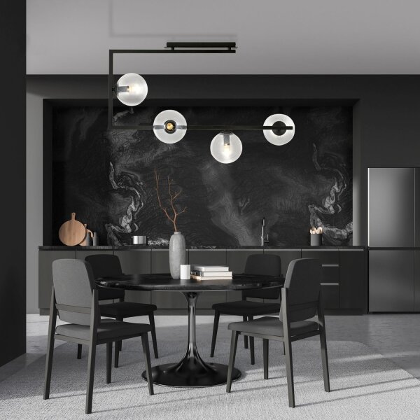 Plafonnier verre métal 83 cm de long noir E14 4 flammes