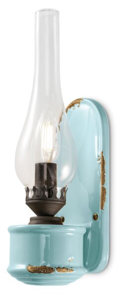 Lampe murale artisanale verre H : 33 cm bleu clair shabby antique