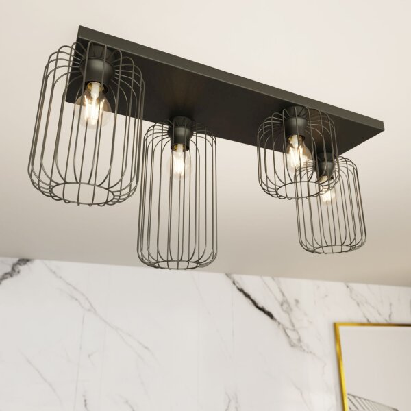 Métal Plafonnier noir L:70 cm Rétro E27 4 flammes