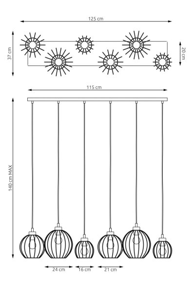 Suspension noire E27 métal 6 flammes L:125 cm