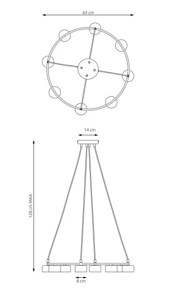 Lampe à suspendre noire à 8 flammes accentuées L:64 cm GX53