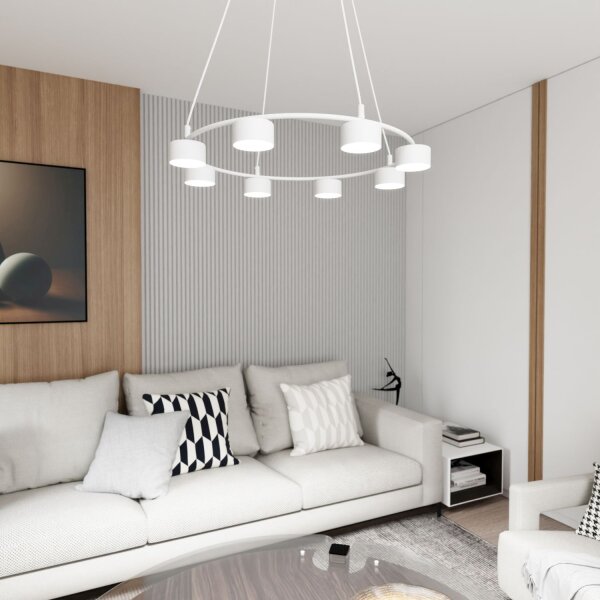 Suspension Blanc Métal accentué L:64 cm 8-flamme