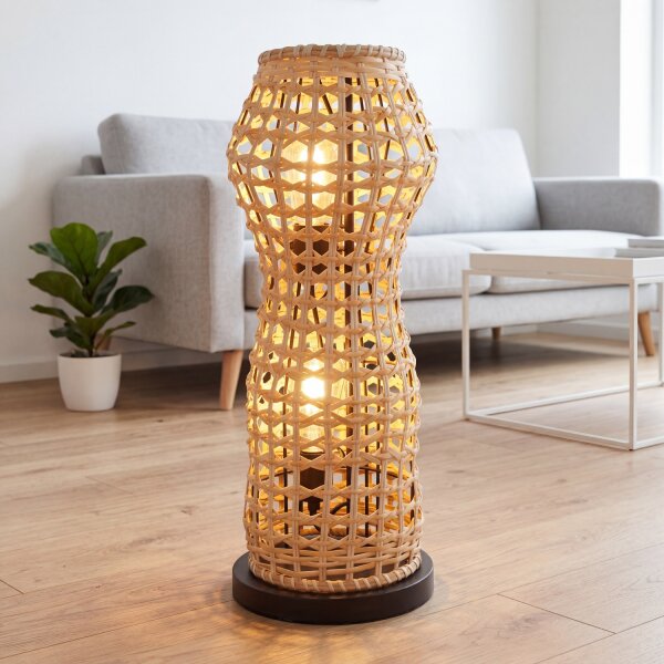 Boho Stehlampe Rattan Korb Metall E27 2-flammig 60 cm