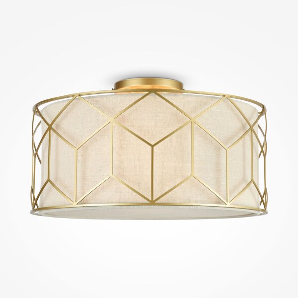 Deckenlampe Stoff Metall E27 D: 43 cm in Gold Natur