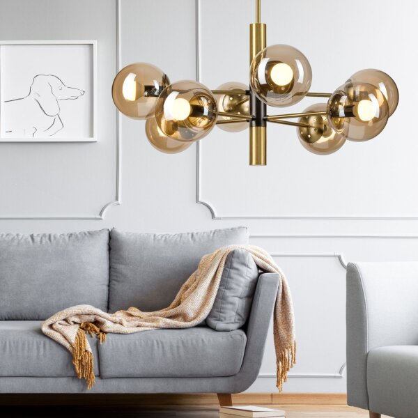 Deckenleuchte E14 Metall Glas 8-flammig B:68 cm in Gold