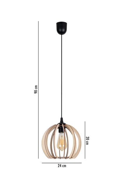 Suspension Abat-jour bois Métal Noir Boule Ø24 cm