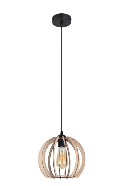 Suspension ronde abat-jour bois métal E27 sphère Ø24 cm