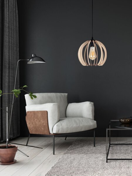 Suspension ronde abat-jour bois métal E27 sphère Ø24 cm