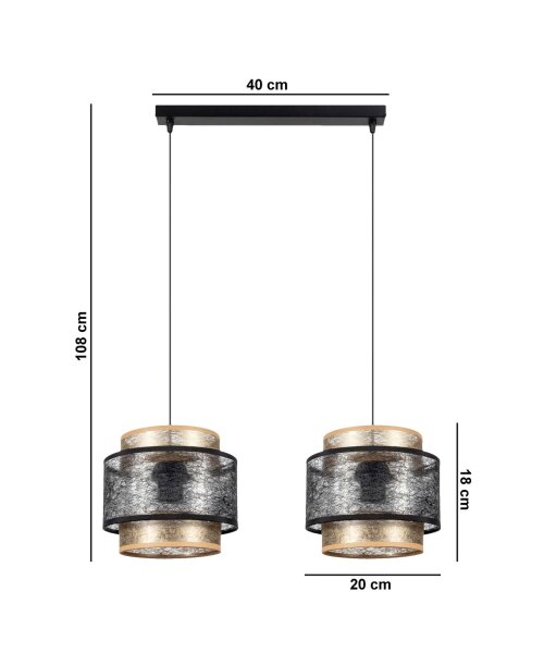 Pendelleuchte Schwarz Gold 2-flammig E27 Stoff blendarm