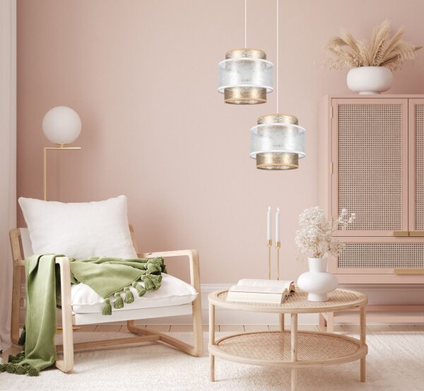 Stoff Pendelleuchte Weiß Gold E27 2-flammig L:33 cm