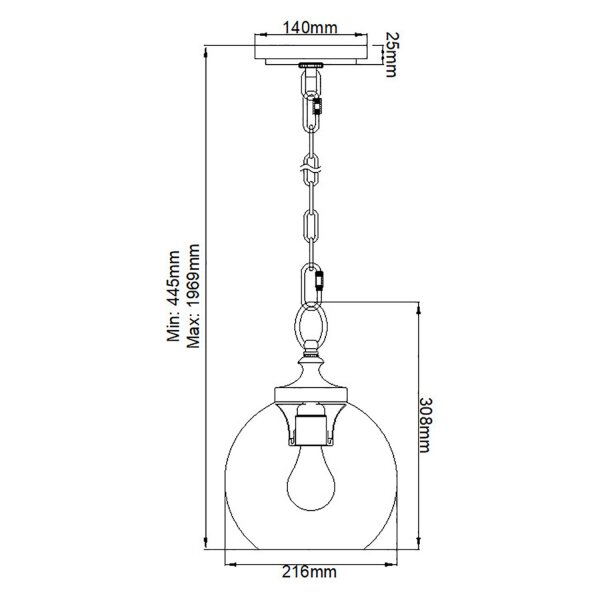 Lampe à suspendre métal verre ronde D : 21,6 cm H : max. 196,9 cm E27