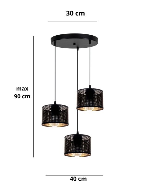 Hängelampe Metall Loft 3-flmg E27 B:40 cm Schwarz Gold