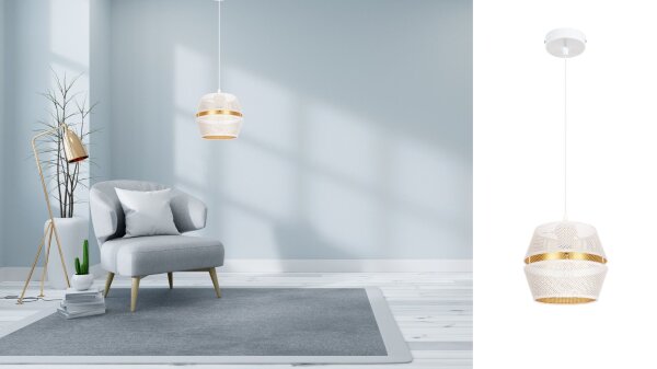 Elegante Pendelleuchte Metall Weiß Gold E27 Ø20 cm rund