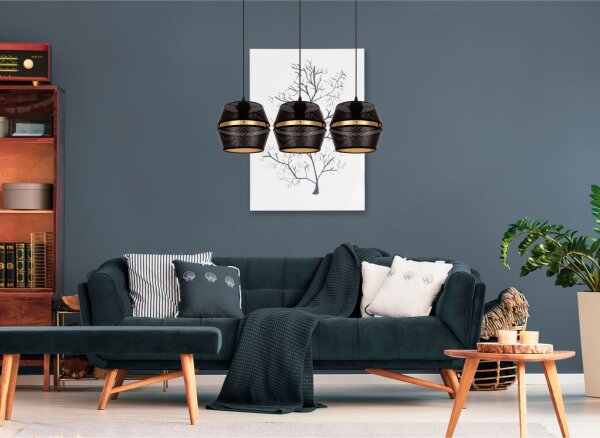Lampe à suspendre métal noir or E27 70 cm long 3-flamme