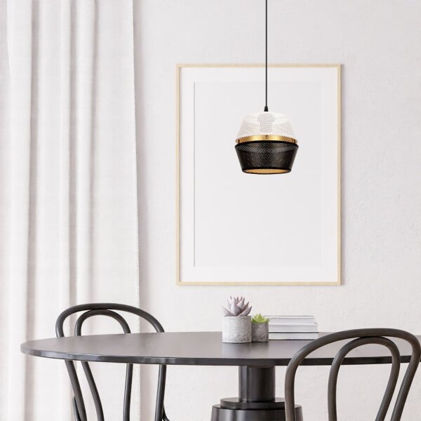 Suspension ronde métal noir blanc or E27 Ø20 cm