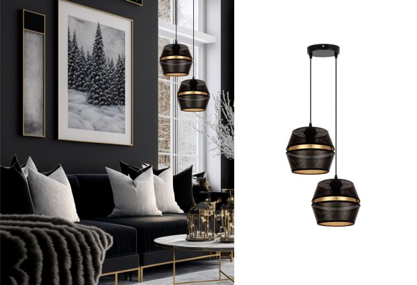 Pendelleuchte Schwarz Gold Metall 2-flammig B:40 cm E27
