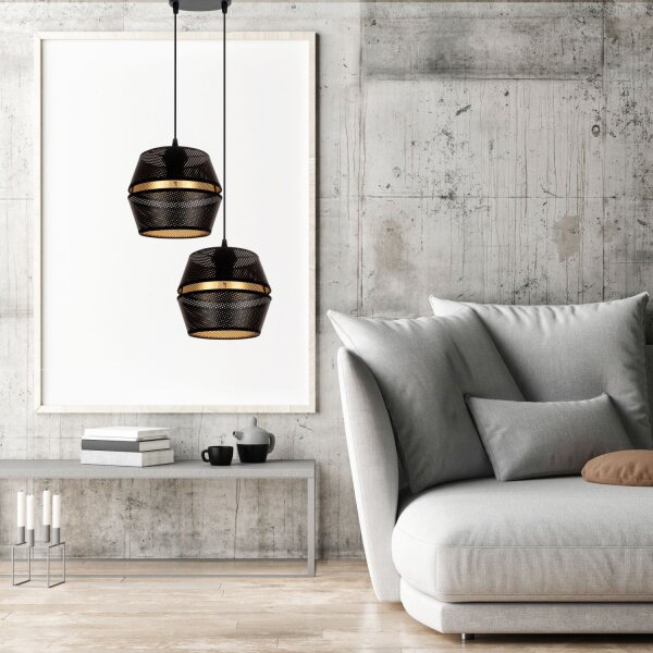 Pendelleuchte Schwarz Gold Metall 2-flammig B:40 cm E27