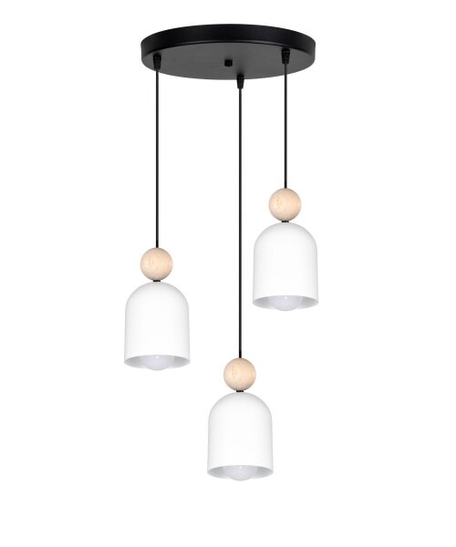 Runde Pendelleuchte Weiß Metall Holz 3-flmg E27 Ø36 cm