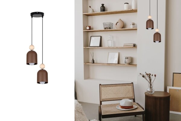 Lampe à suspendre brun rouille métal bois 2flmg E27 Ø21 cm rond