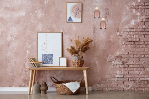 Suspension ronde rose métal bois 2flmg E27 Ø21 cm