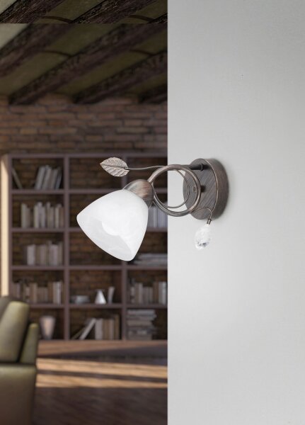 Florale Wandlampe Metall Glas E14 H:21,5 cm Rost Antik