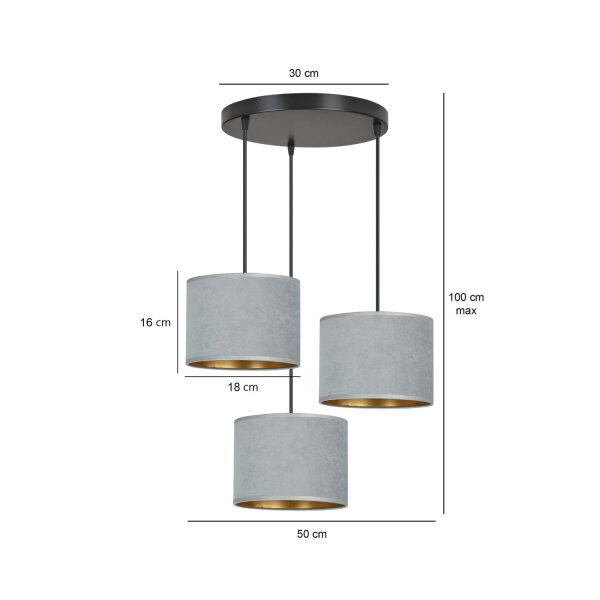 Lampe à suspendre 3 flammes E27 tissu métal noir gris or