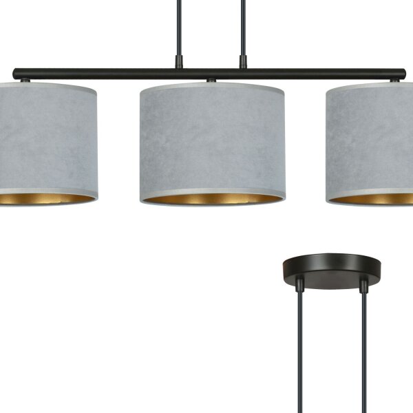 Suspension Métal Tissu L : 72 cm Noir Gris Or E27