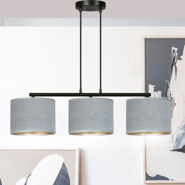 Suspension Métal Tissu L : 72 cm Noir Gris Or E27