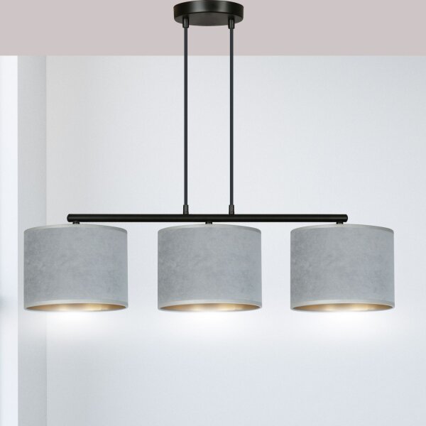 Suspension Métal Tissu L : 72 cm Noir Gris Or E27