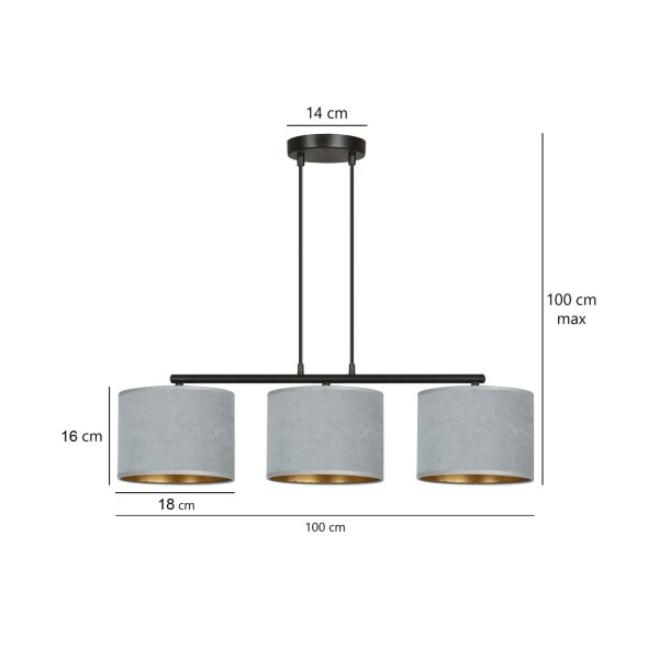 Suspension Métal Tissu L : 72 cm Noir Gris Or E27