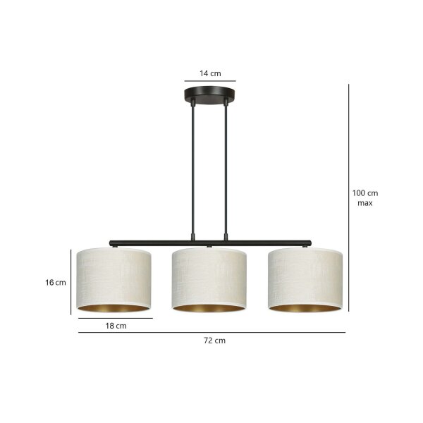 Lampe à suspendre tissu métal L : 72 cm noir blanc or 3x E27