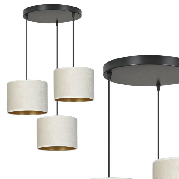 Suspension Blanc Or Noir Métal Tissu E27 3 flammes