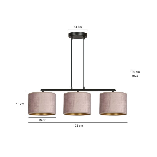 Lampe à suspendre métal tissu L : 72 cm noir rose or 3 flammes