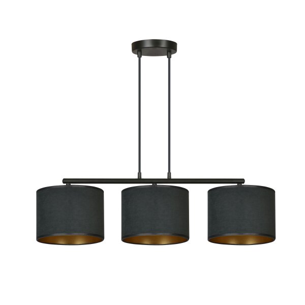Suspension tissu métal L : 72cm noir or 3-flamme E27