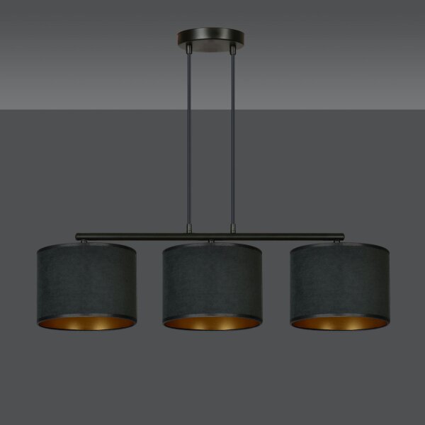 Suspension tissu métal L : 72cm noir or 3-flamme E27