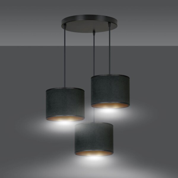 Lampe à suspendre 3 flammes tissu métal noir or E27