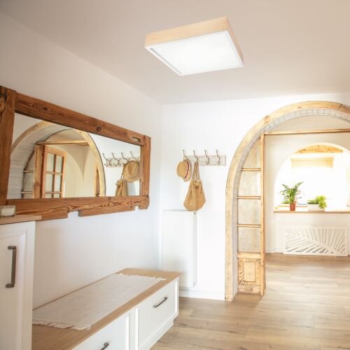Blendarme Deckenleuchte Glas Holz Pinie E27 L:48 cm