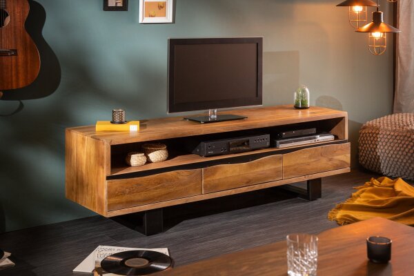 TV Lowboard bois acacia métal 160 cm piètement à patins bord darbre