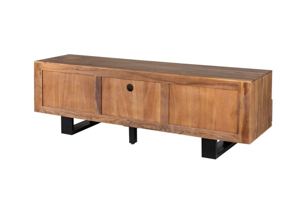 TV Lowboard bois acacia métal 160 cm piètement à patins bord darbre