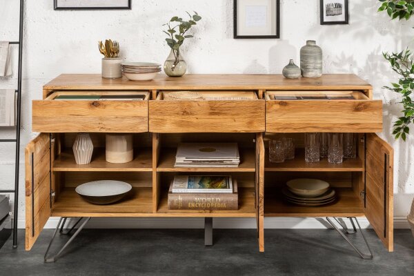 Buffet chêne sauvage plaqué métal 160 cm avec chant en forme darbre