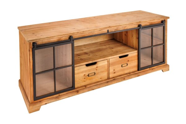 TV Lowboard Bois Verre Métal Rustique 160 cm Portes coulissantes