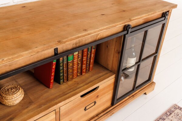 TV Lowboard Bois Verre Métal Rustique 160 cm Portes coulissantes