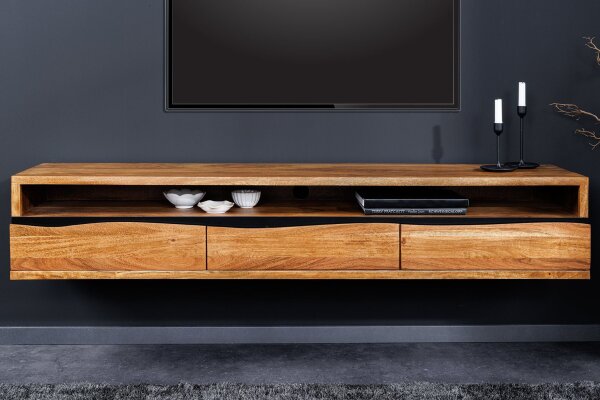Meuble TV suspendu 160 cm tiroirs bord darbre en acacia