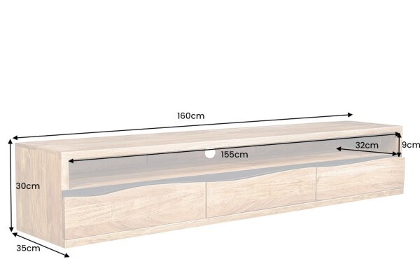 Meuble TV suspendu 160 cm tiroirs bord darbre en acacia