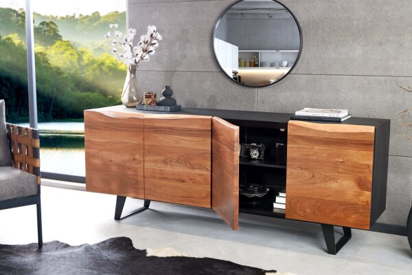 Buffet en bois dacacia fer 180 cm piètement à patins bord darbre