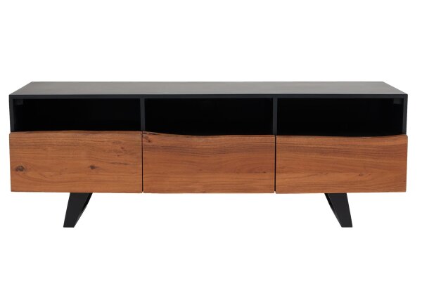 TV Lowboard 140 cm bord darbre compartiments tiroirs bois fer