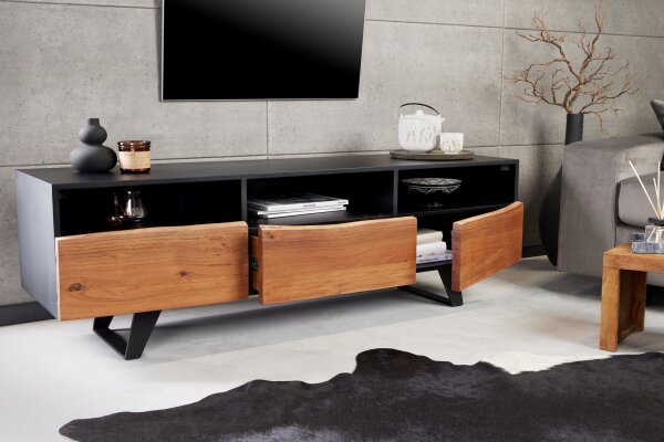 TV Lowboard 140 cm bord darbre compartiments tiroirs bois fer