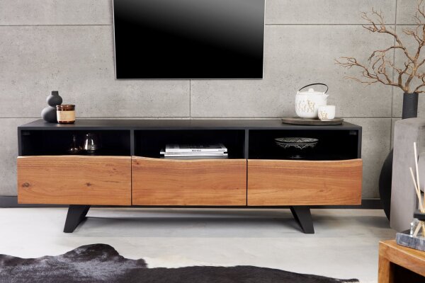 TV Lowboard 140 cm bord darbre compartiments tiroirs bois fer