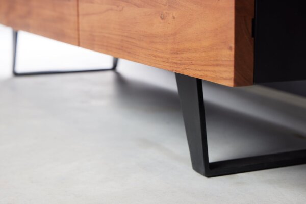 TV Lowboard 140 cm bord darbre compartiments tiroirs bois fer